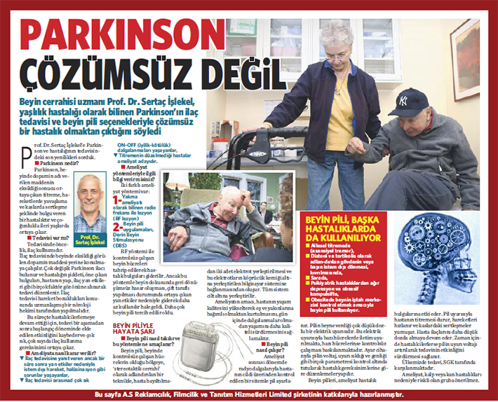 Parkinson Çözümsüz Değil - Beyin cerrahisi uzmanı Prof. Dr. Sertaç İşlekel, yaşlılık hastalığı olarak bilinen Parkinson'ın ilaç tedavisi ve beyin pili seçenekleriyle çözümsüz bir hastalık olmaktan çıktığını söyledi.